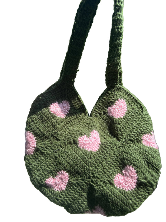 Crochet shoulder bag pink hearts