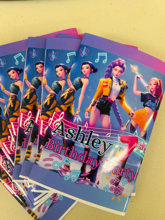 K-pop Demond Hunters theme party Chips bags and chocolate labels