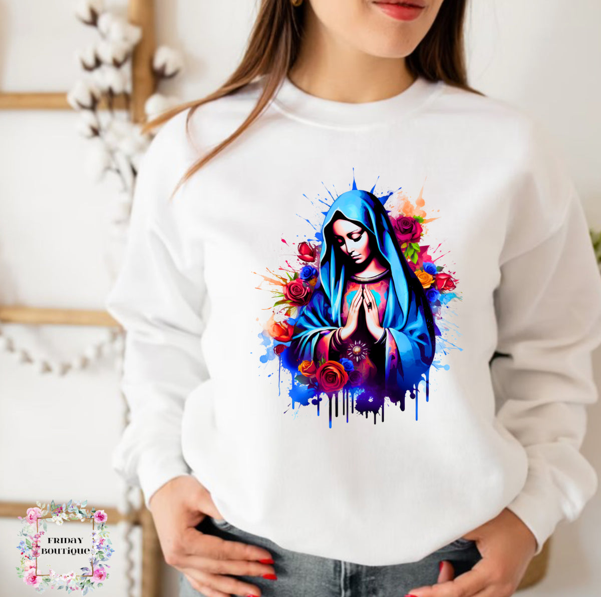 Blue paint virgencita white crewneck