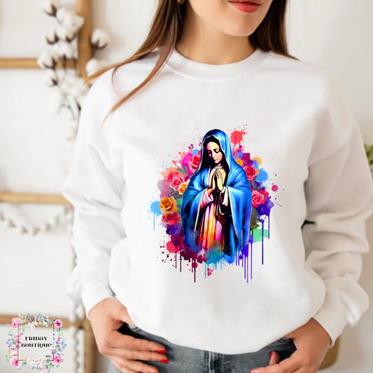 virgencita Paint and roses white crewneck