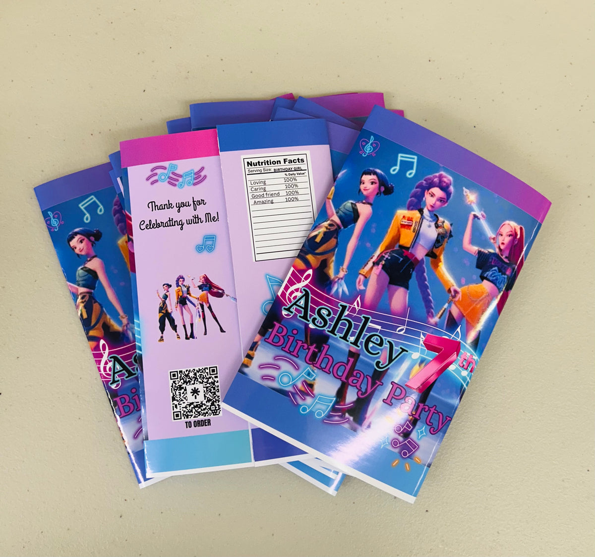 K-pop Demond Hunters theme party Chips bags and chocolate labels