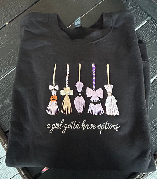 Cute witch brooms embroidered crewneck
