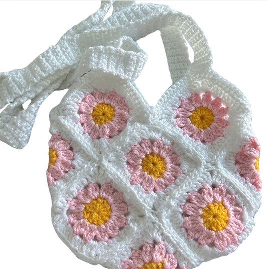 Handmade crochet pink flowers shoulder Bag