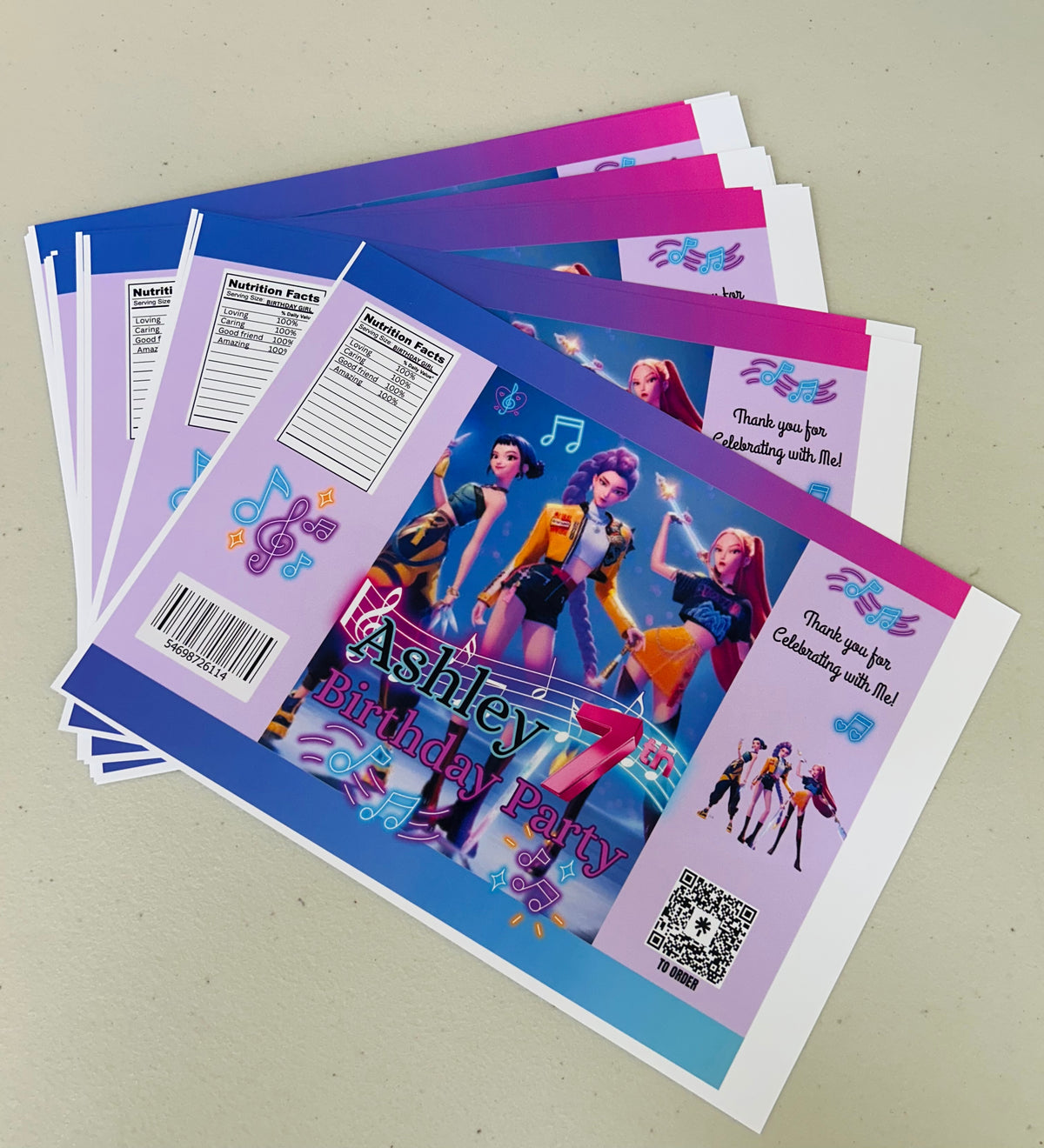 K-pop Demond Hunters theme party Chips bags and chocolate labels