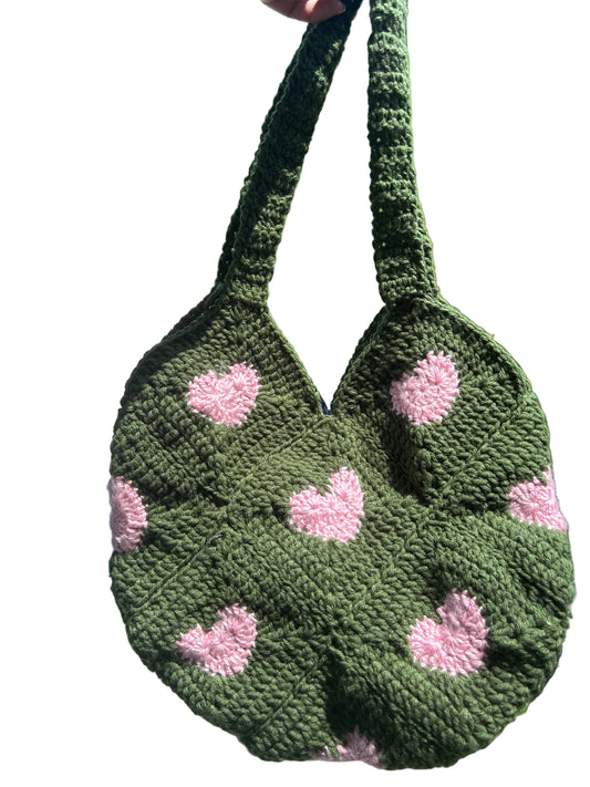 Crochet shoulder bag pink hearts