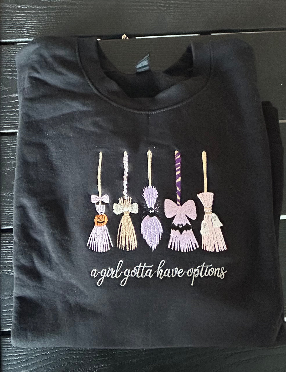 Cute witch brooms embroidered crewneck