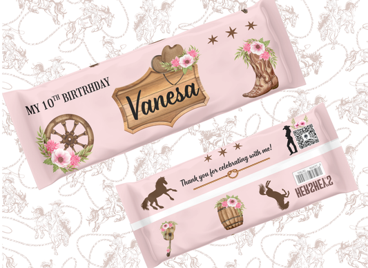 Personalized Cowgirl Birthday Chip Bags & Chocolate Bar Labels