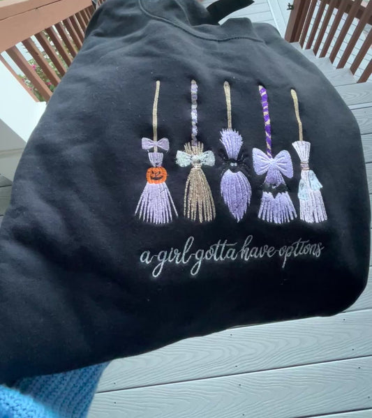 Cute witch brooms embroidered crewneck